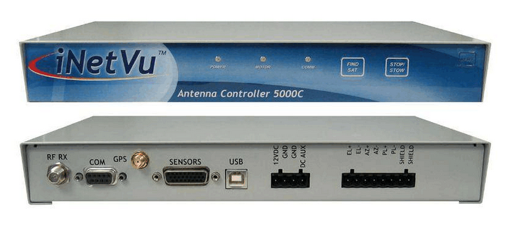 卫星天线控制器设备，银色金属外壳，显示屏和控制按钮，精密电子设备外观，现代科技感